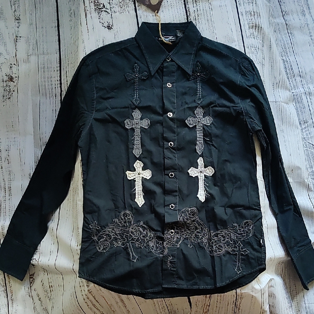 Fender Black Dress Shirt with Cross Embroidery